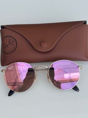 Ray-Ban Gold Frame Sunglasses with Pink Mirror Lenses RB 3347-N with Case